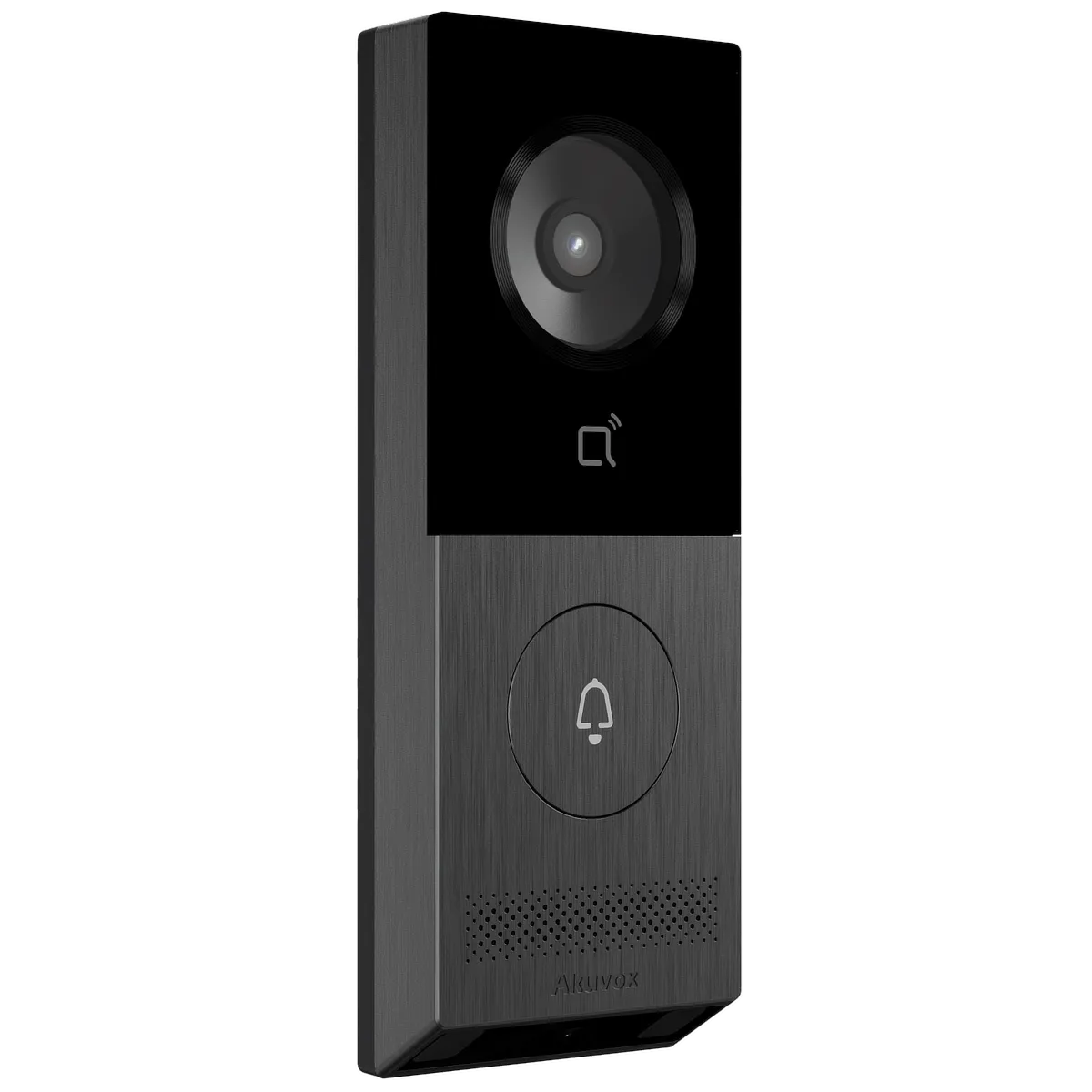 An Akuvox metal intercom with a single push button and a downwards facing camera for package detection, as viewed from the front-left.