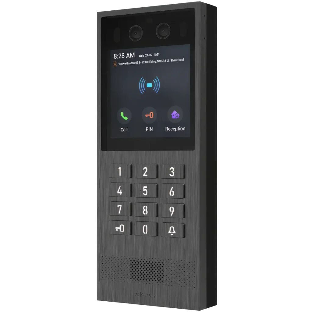A grey metal intercom made by Akuvox with a physical keypad and vandal-resistant body