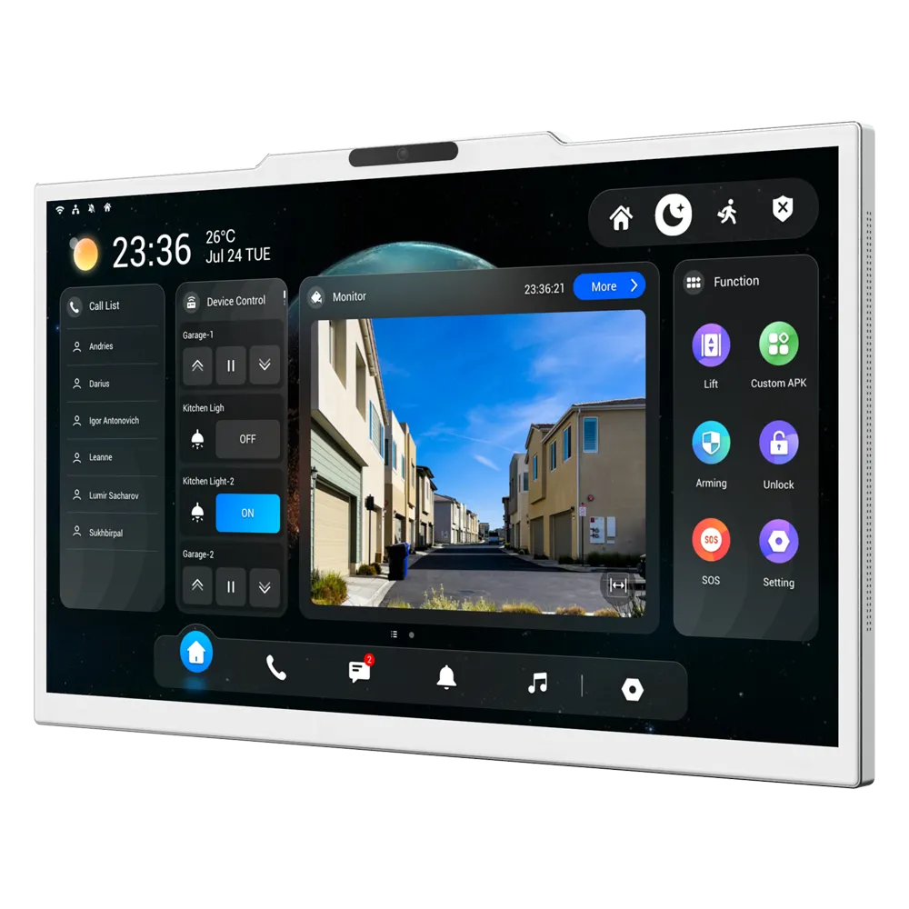 A large 15.6-inch monitor made by Akuvox for viewing an intercom. On the monitor are a bunch of apps and features such as call history, music, notifications, and settings.
