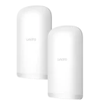 A pair of white cylindrical-shaped wireless bridges with the Lysora Tech logo in the centre