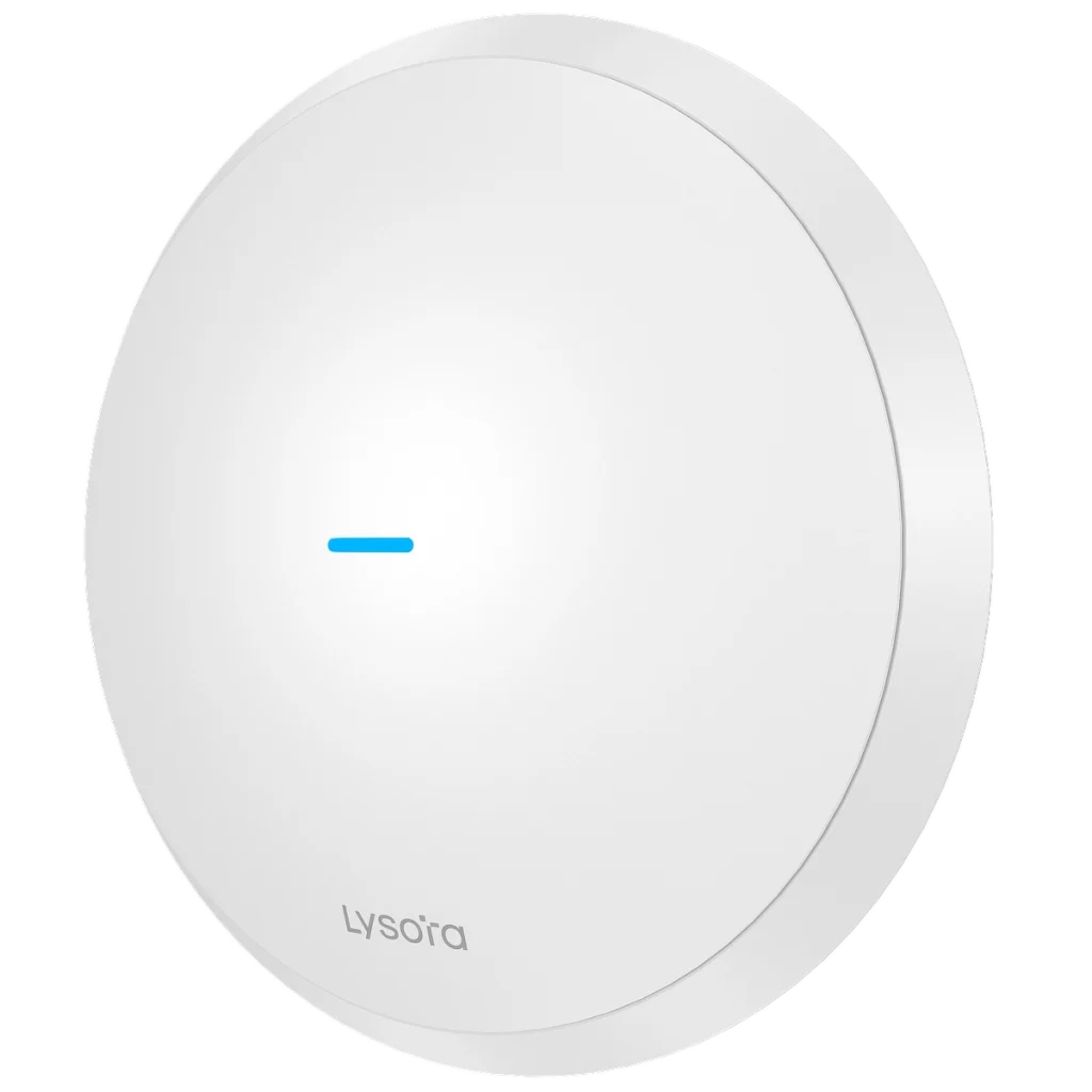 A circular shaped wireless access point made from white plastic with a small blue LED in the centre and a Lysora logo near the bottom