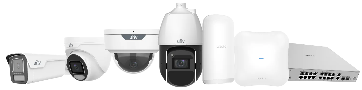 A group of security cameras from Uniview and networking equipment from Lysora, arranged in a straight line